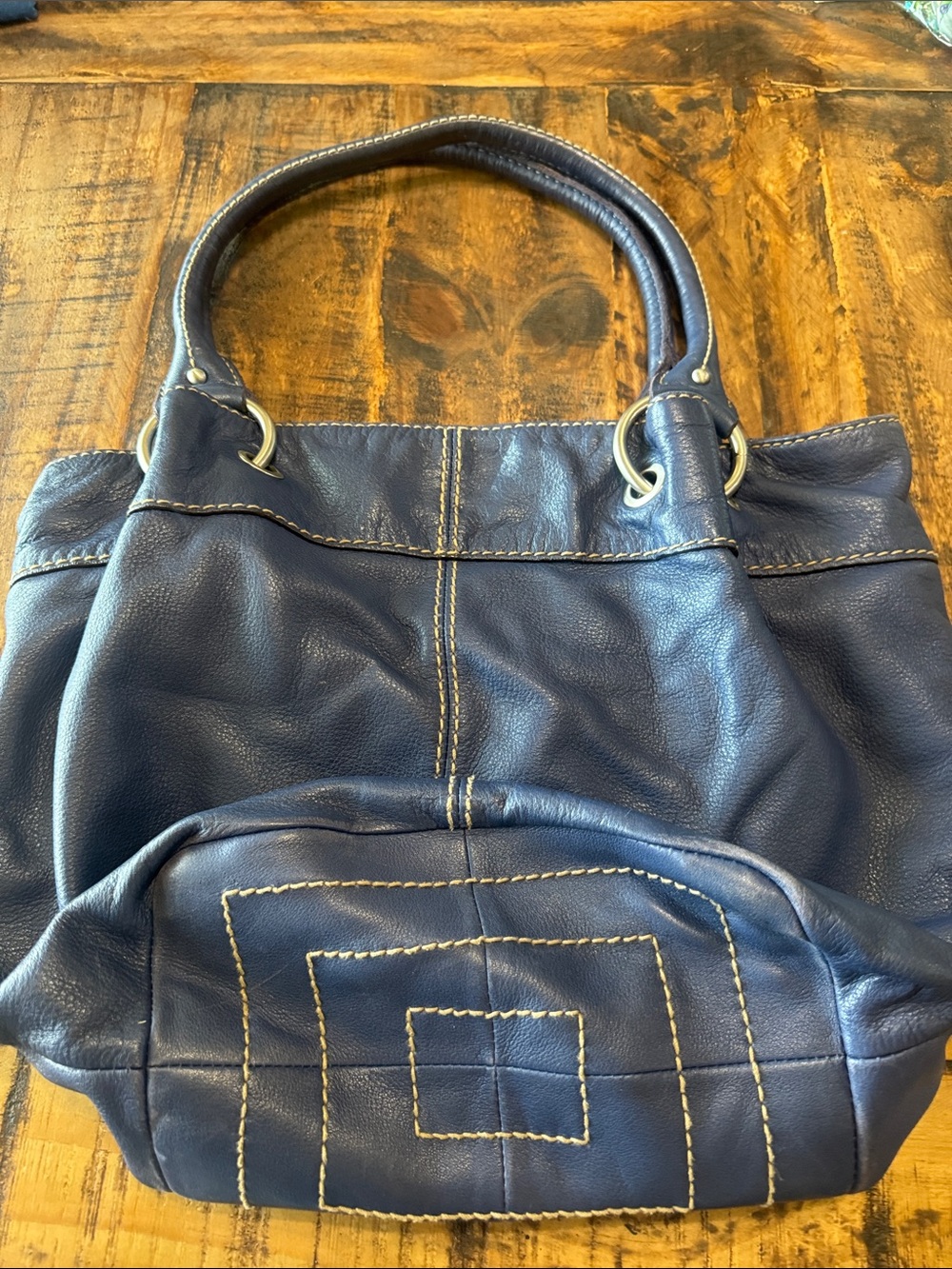 Tignanello Navy Leather Shoulder Bag with Cream Stitching